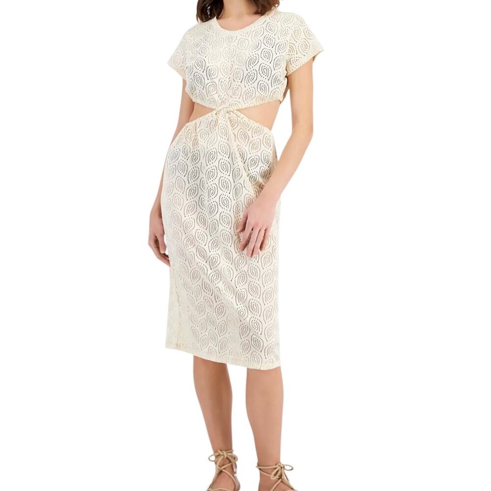 Miken Women’s Twist Front Crochet Midi Dress Swimsuit Cover Up Cream Size L - Picture 1 of 2